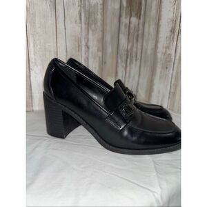 Marc Fisher 90s Inspired Chunky Loafers‎ | Black Faux Leather Block Heel Pumps |